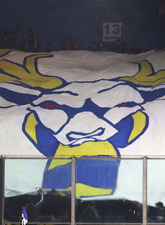 Groot doek met hert op de tribune