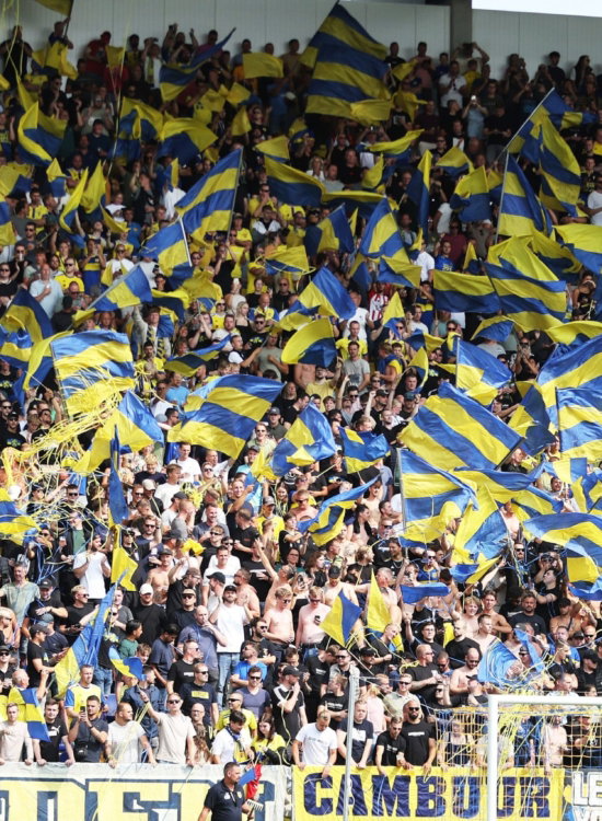Tribune vol geel-blauwe vlaggen
