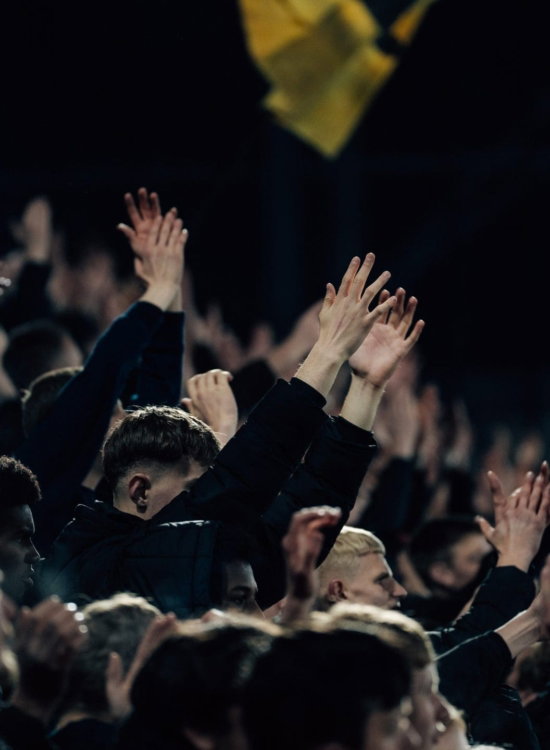 Supporters juichen met vlag in het donker