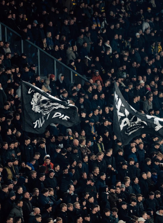 Zwaaiende vlaggen op een donkere tribune