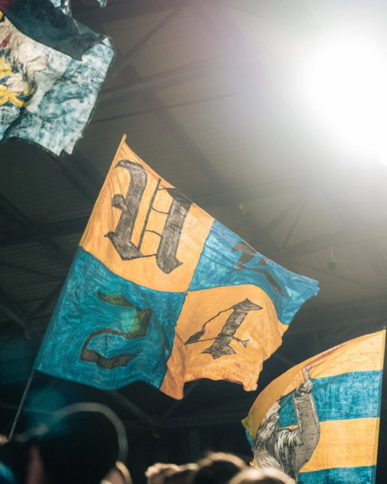 Grote vlaggen in het stadionlicht