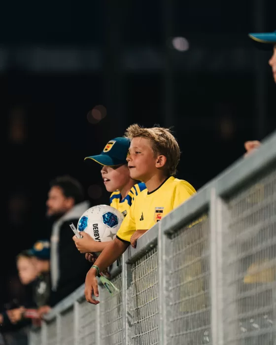 Vlaggen op een volle tribune onder het licht