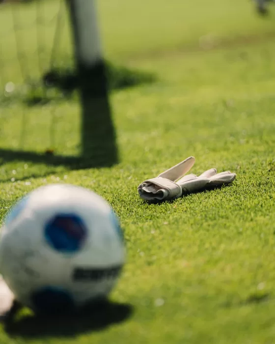 Voetbal en keepershandschoen op het gras