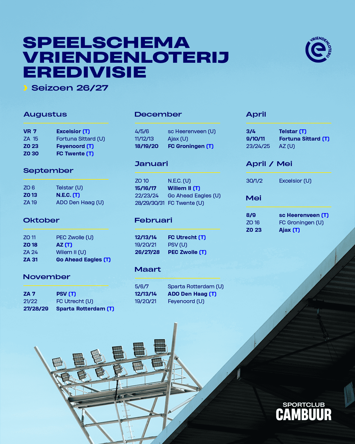 Definitief speelschema Vriendenloterij Eredivisie-seizoen 2026/2027 bekend